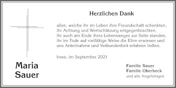 Traueranzeige von Maria Sauer von Allgäuer Zeitung, Kaufbeuren/Buchloe