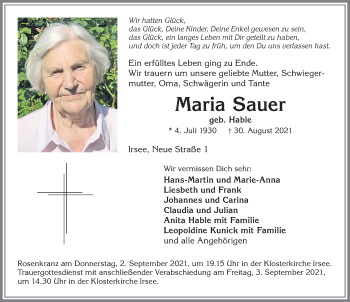Traueranzeige von Maria Sauer von Allgäuer Zeitung, Kaufbeuren/Buchloe