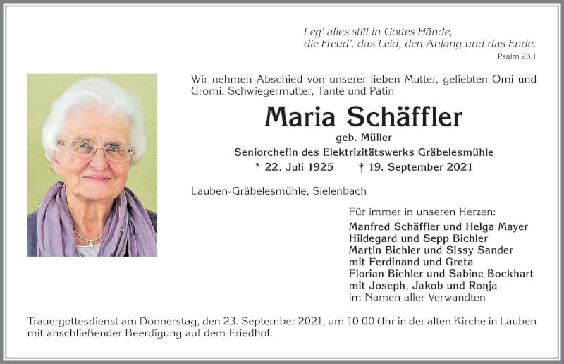  Traueranzeige für Maria Schäffler vom 21.09.2021 aus Allgäuer Zeitung,Kempten