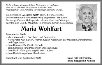 Traueranzeige von Maria Wohlfart von Allgäuer Zeitung, Marktoberdorf