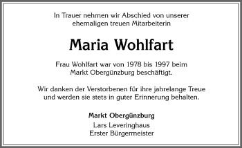 Traueranzeige von Maria Wohlfart von Allgäuer Zeitung, Marktoberdorf