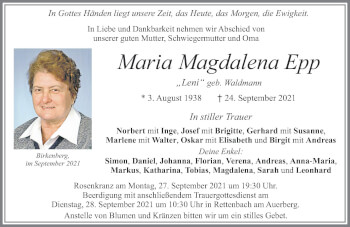 Traueranzeige von Maria Magdalena Epp von Allgäuer Zeitung, Marktoberdorf