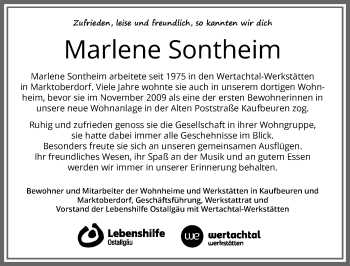 Traueranzeige von Marlene Sontheim von Allgäuer Zeitung