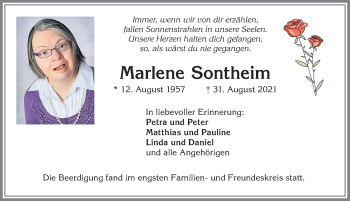 Traueranzeige von Marlene Sontheim von Allgäuer Zeitung, Kaufbeuren/Buchloe
