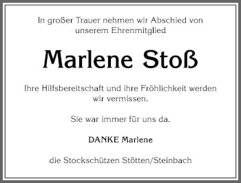 Traueranzeige von Marlene Stoß von Allgäuer Zeitung, Marktoberdorf