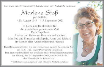 Traueranzeige von Marlene Stoß von Allgäuer Zeitung, Marktoberdorf