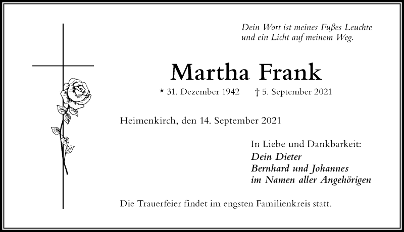  Traueranzeige für Martha Frank vom 14.09.2021 aus Der Westallgäuer