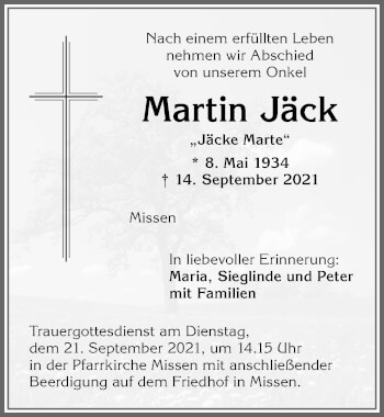 Traueranzeige von Martin Jäck von Allgäuer Anzeigeblatt