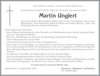 Traueranzeige von Martin Unglert von Allgäuer Zeitung,Kempten