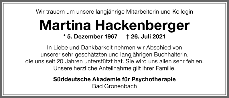  Traueranzeige für Martina Hackenberger vom 04.09.2021 aus Memminger Zeitung