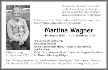 Traueranzeige von Martina Wagner von Allgäuer Zeitung, Marktoberdorf