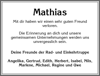 Traueranzeige von Mathias  von Allgäuer Anzeigeblatt