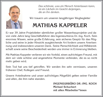 Traueranzeige von Mathias Kappeler von Allgäuer Zeitung