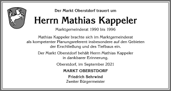 Traueranzeige von Mathias Kappeler von Allgäuer Anzeigeblatt