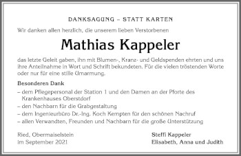 Traueranzeige von Mathias Kappeler von Allgäuer Anzeigeblatt