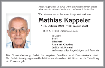 Traueranzeige von Mathias Kappeler von Allgäuer Anzeigeblatt