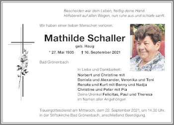 Traueranzeige von Mathilde Schaller von Memminger Zeitung