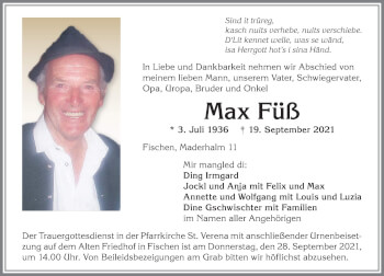 Traueranzeige von Max Füß von Allgäuer Anzeigeblatt