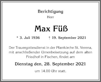 Traueranzeige von Max Füß von Allgäuer Anzeigeblatt