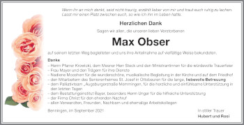 Traueranzeige von Max Obser von Memminger Zeitung