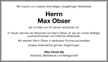 Traueranzeige von Max Obser von Memminger Zeitung