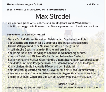 Traueranzeige von Max Strodel von Der Westallgäuer