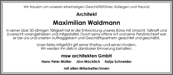 Traueranzeige von Maximilian Waldmann von Allgäuer Zeitung, Gesamtausgabe