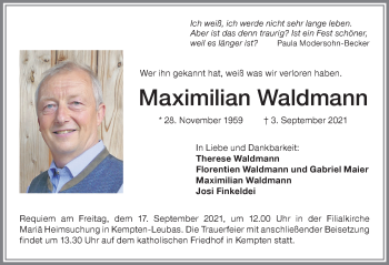 Traueranzeige von Maximilian Waldmann von Allgäuer Zeitung,Kempten
