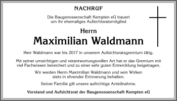 Traueranzeige von Maximilian Waldmann von Allgäuer Zeitung,Kempten