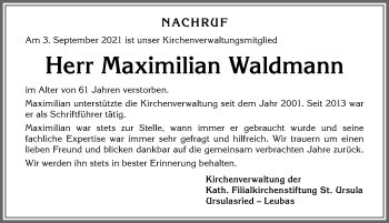 Traueranzeige von Maximilian Waldmann von Allgäuer Zeitung,Kempten