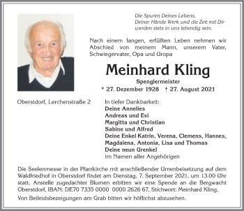 Traueranzeige von Meinhard Kling von Allgäuer Anzeigeblatt