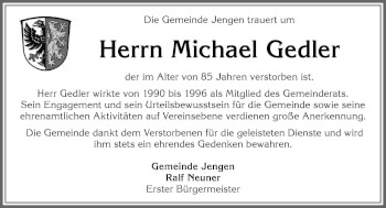 Traueranzeige von Michael Gedler von Allgäuer Zeitung, Kaufbeuren/Buchloe