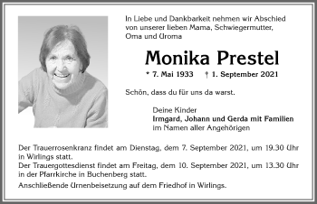 Traueranzeige von Monika Prestel von Allgäuer Zeitung,Kempten