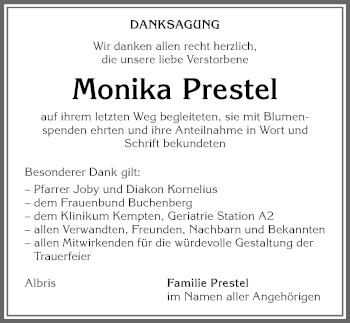Traueranzeige von Monika Prestel von Allgäuer Zeitung,Kempten