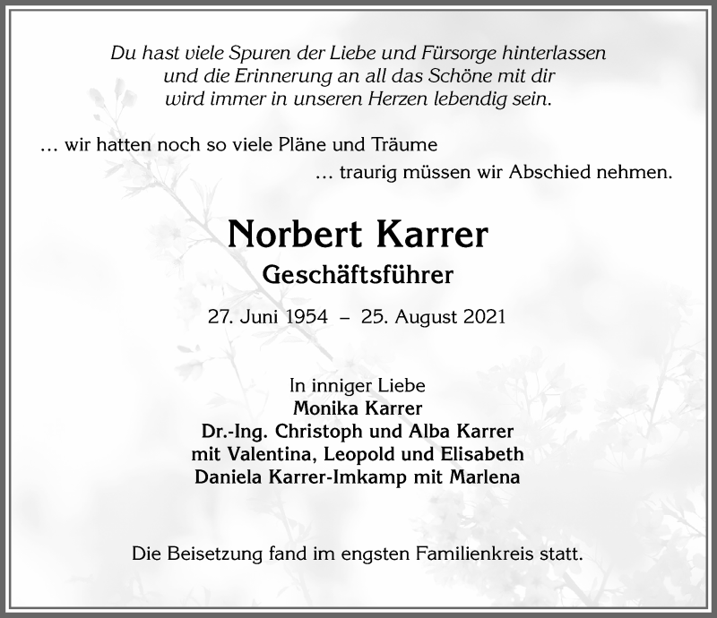  Traueranzeige für Norbert Karrer vom 01.09.2021 aus Allgäuer Zeitung, Gesamtausgabe