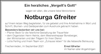 Traueranzeige von Notburga Gfreiter von Memminger Zeitung