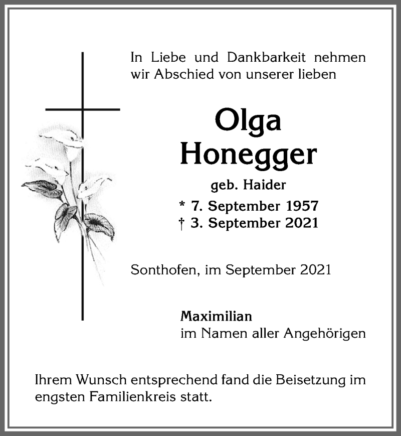  Traueranzeige für Olga Honegger vom 11.09.2021 aus Allgäuer Anzeigeblatt