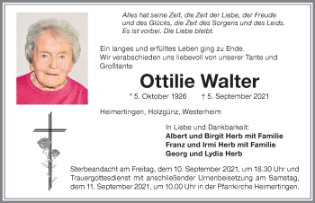 Traueranzeige von Ottilie Walter von Memminger Zeitung
