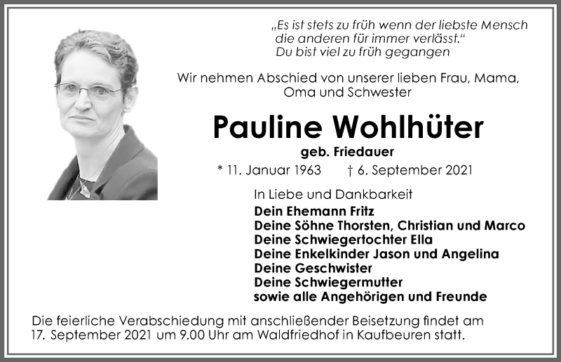  Traueranzeige für Pauline Wohlhüter vom 15.09.2021 aus Allgäuer Zeitung, Kaufbeuren/Buchloe