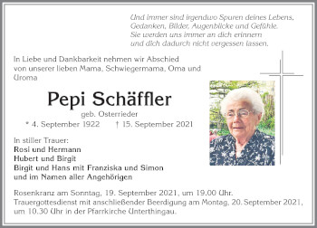 Traueranzeige von Pepi Schäffler von Allgäuer Zeitung, Marktoberdorf