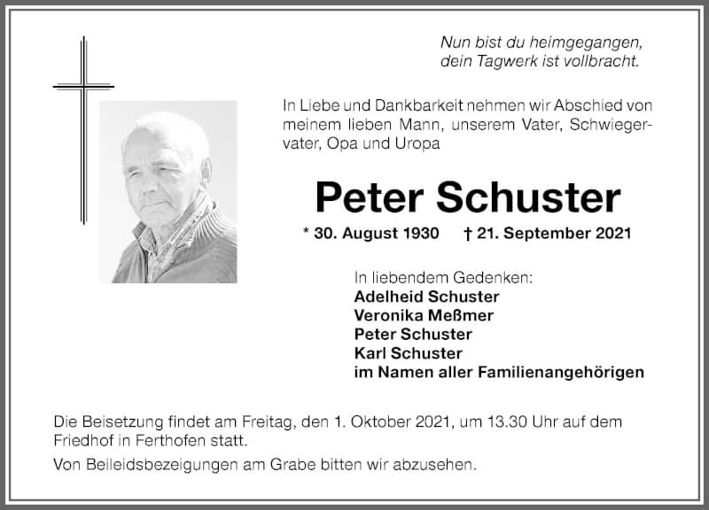  Traueranzeige für Peter Schuster vom 25.09.2021 aus Allgäuer Zeitung