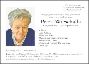 Traueranzeige von Petra Wieschalla von Der Westallgäuer