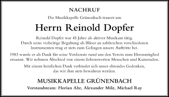 Traueranzeige von Reinold Dopfer von Der Westallgäuer
