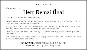 Traueranzeige von Remzi Ünal von Allgäuer Zeitung, Kaufbeuren/Buchloe