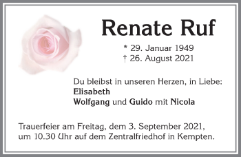 Traueranzeige von Renate Ruf von Allgäuer Zeitung,Kempten