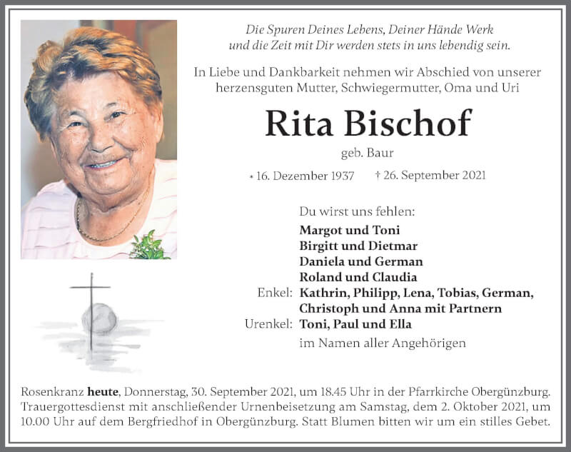  Traueranzeige für Rita Bischof vom 30.09.2021 aus Allgäuer Zeitung, Marktoberdorf