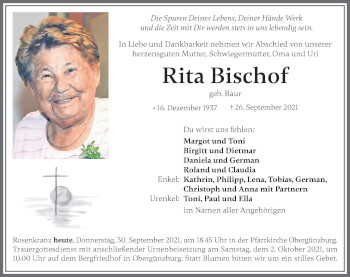 Traueranzeige von Rita Bischof von Allgäuer Zeitung, Marktoberdorf