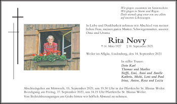 Traueranzeige von Rita Novy von Der Westallgäuer