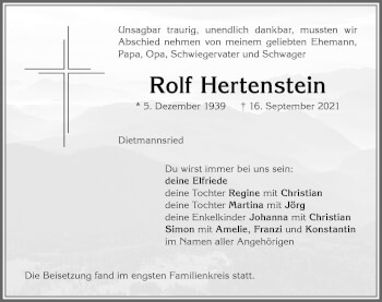 Traueranzeige von Rolf Hertenstein von Allgäuer Zeitung,Kempten