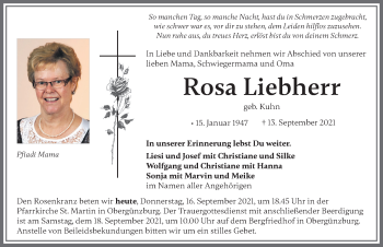 Traueranzeige von Rosa Liebherr von Allgäuer Zeitung, Marktoberdorf